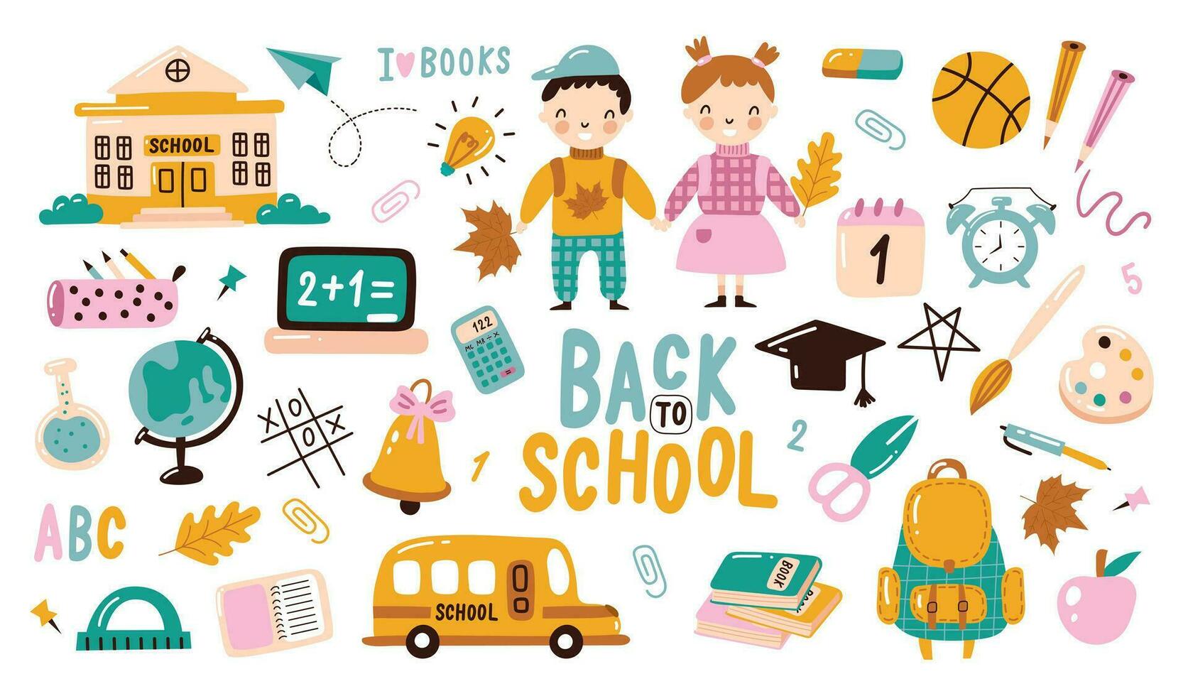 Back to school. Various tools for education. Hand drawn big vector set. Colored trendy illustration.