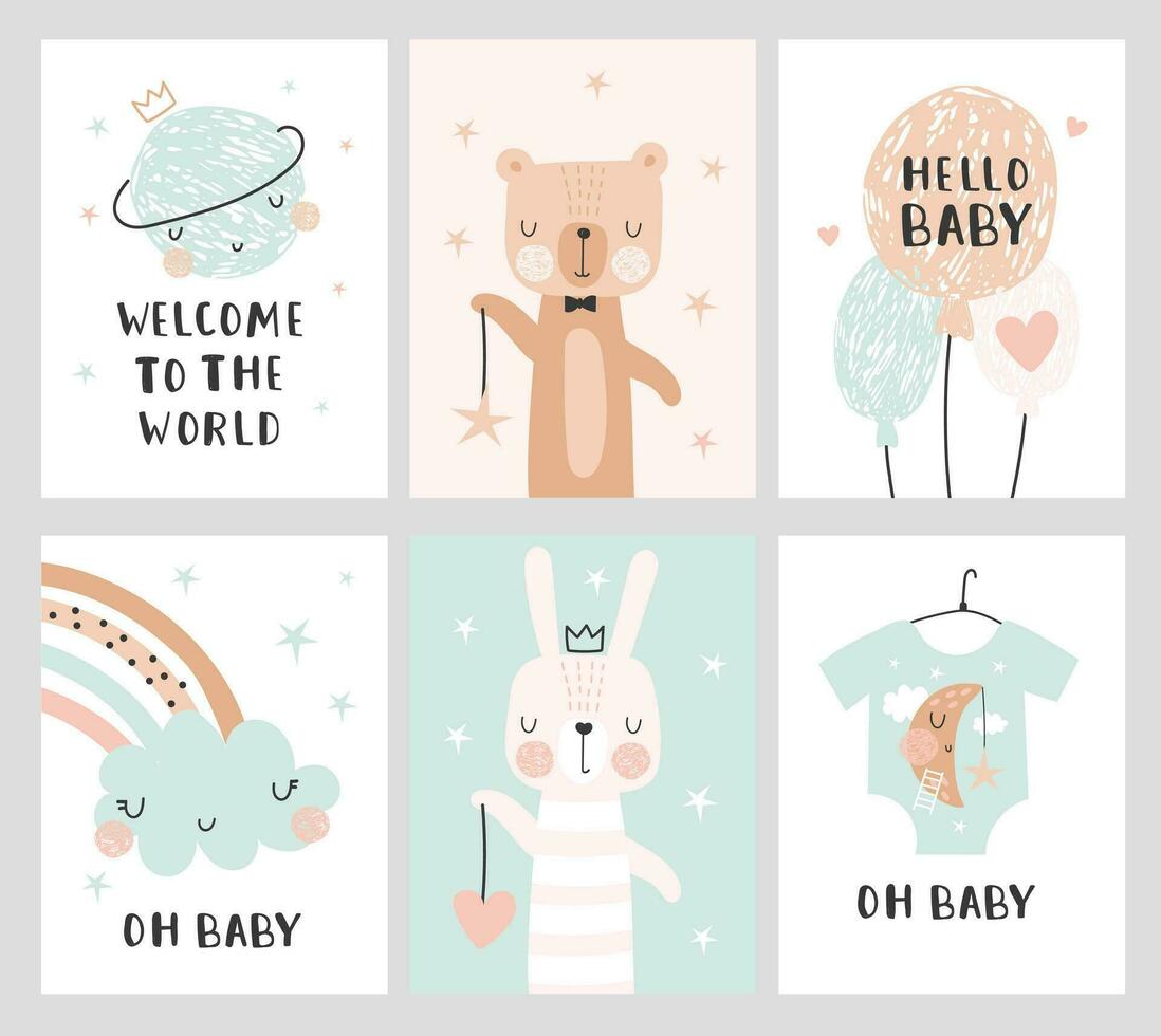 Set of vector cards for baby shower party. Vector illustrations