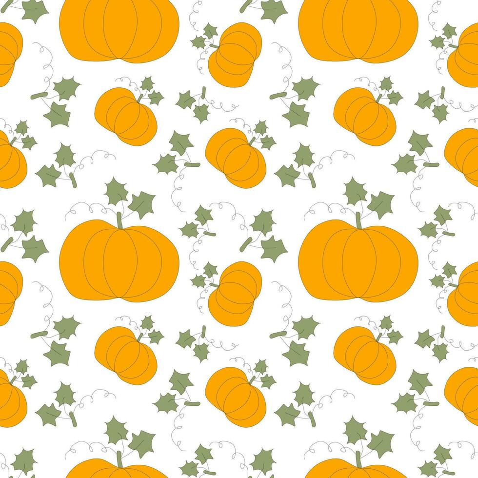 Seamless pumpkin pattern. Orange vegetables with leaves isolated on background. Loopable vector plant template for decoration, harvest festival, banner, postcard. Halloween Design graphic illustration