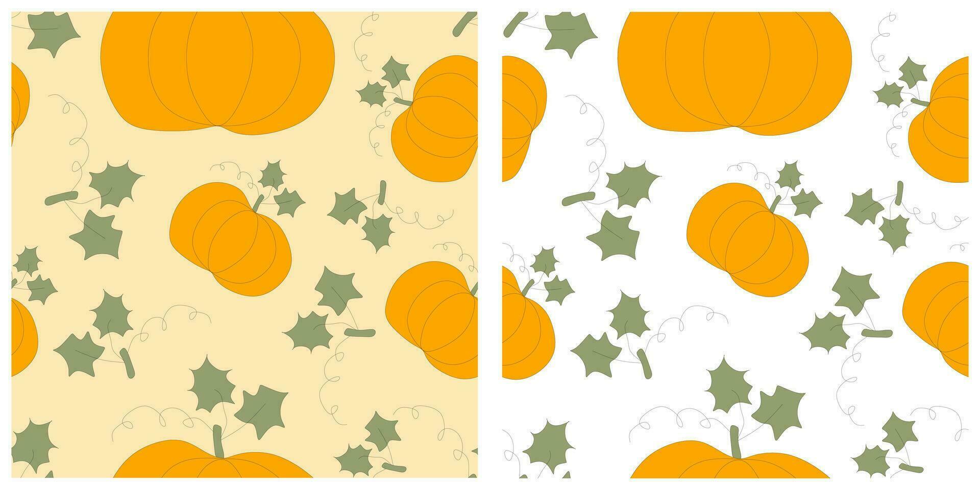 Set of seamless pumpkin patterns. Orange vegetables with leaves isolated on background. Loopable vector plant template for decoration, harvest festival, banner, postcard. Halloween Design graphic.