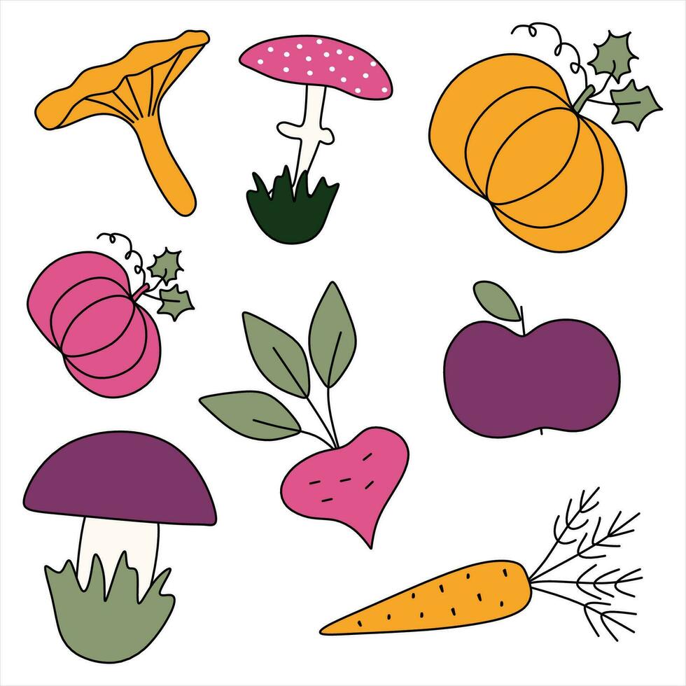 conjunto de vegetales y hongos. vector plano ilustración, elementos aislado en blanco. otoño cosecha clipart con calabaza, manzana, zanahoria, amanita, cuerda, boleto, remolacha. gráfico recopilación.