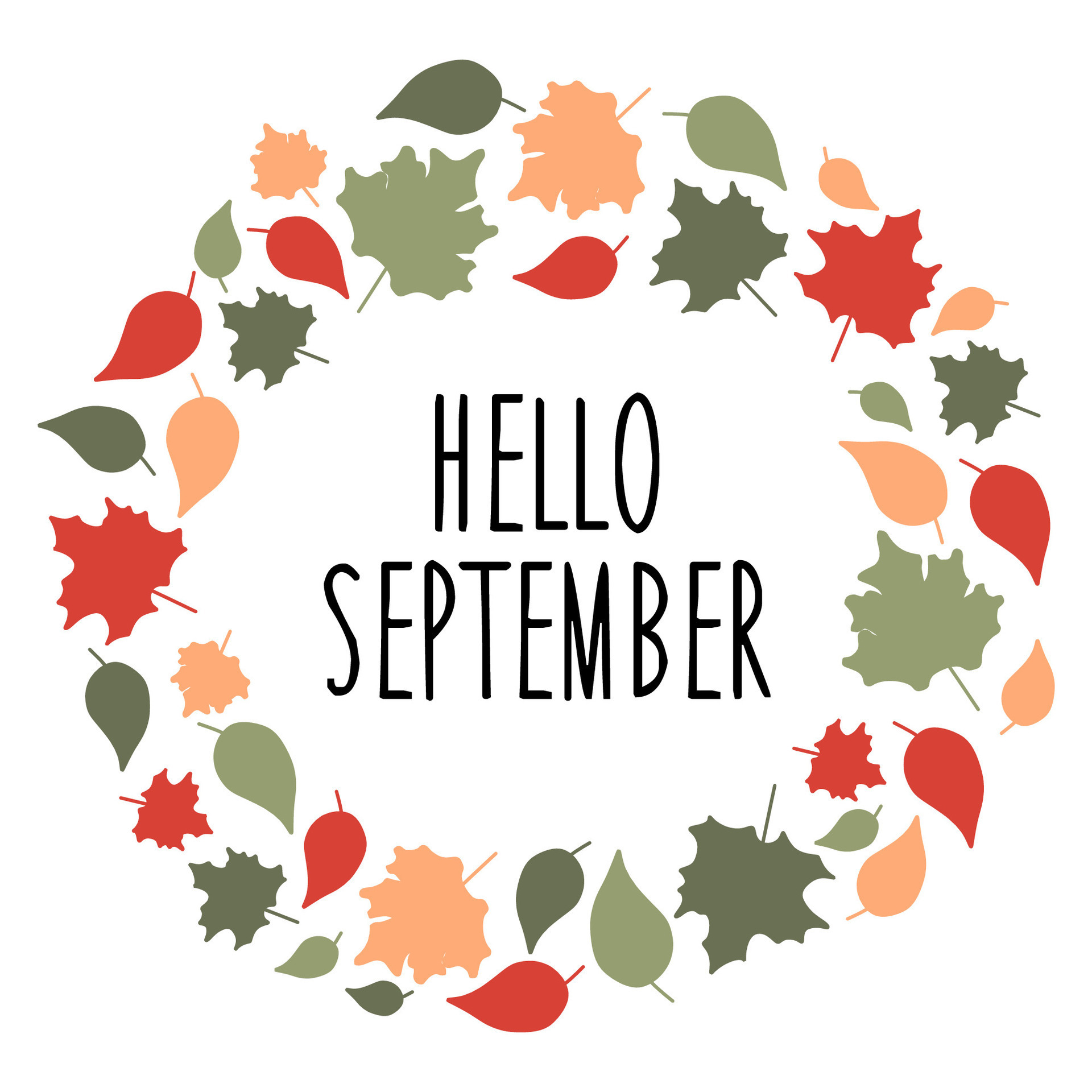 Autumn Leaves Wreath with Lettering Hello september isolated on white