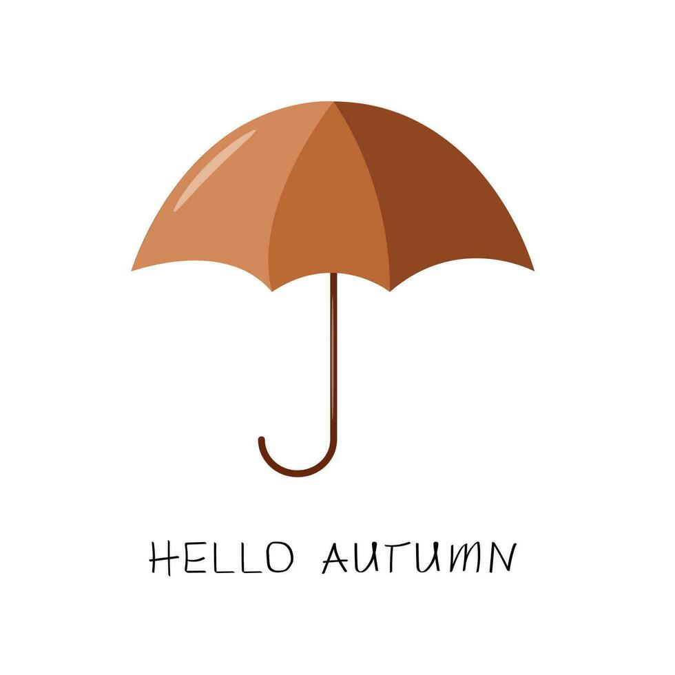 Cozy autumn postcard with brown umbrella and the inscription hello autumn. Flat vector illustration for autumn design, postcards, posters and other design projects.