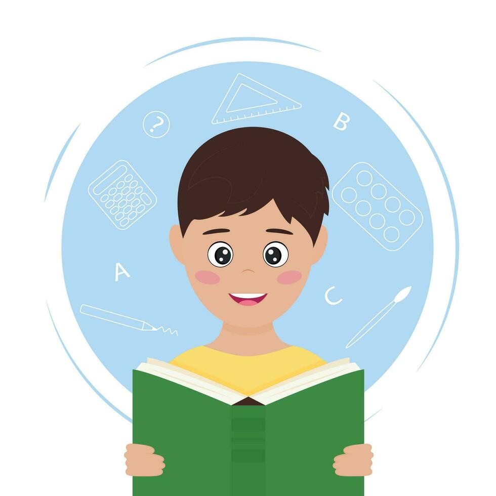 Smiling boy reading textbook. International Literacy or World book reading Day. Education, knowledge, study concept. Flat vector illustration