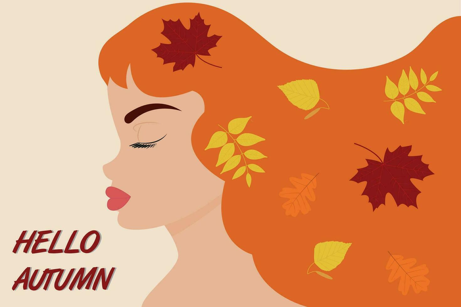 Autumn red-haired girl with developing hair and autumn leaves in them. Flat vector illustration for autumn design, decor, postcards, posters and printing