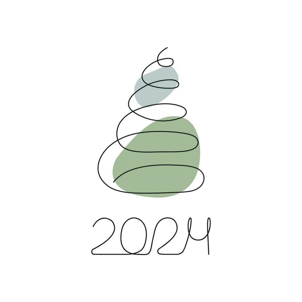 Christmas tree and inscription 2024 drawn in one continuous line. Greeting banner or postcard. Minimalist black linear sketch with color spots. Vector illustration.