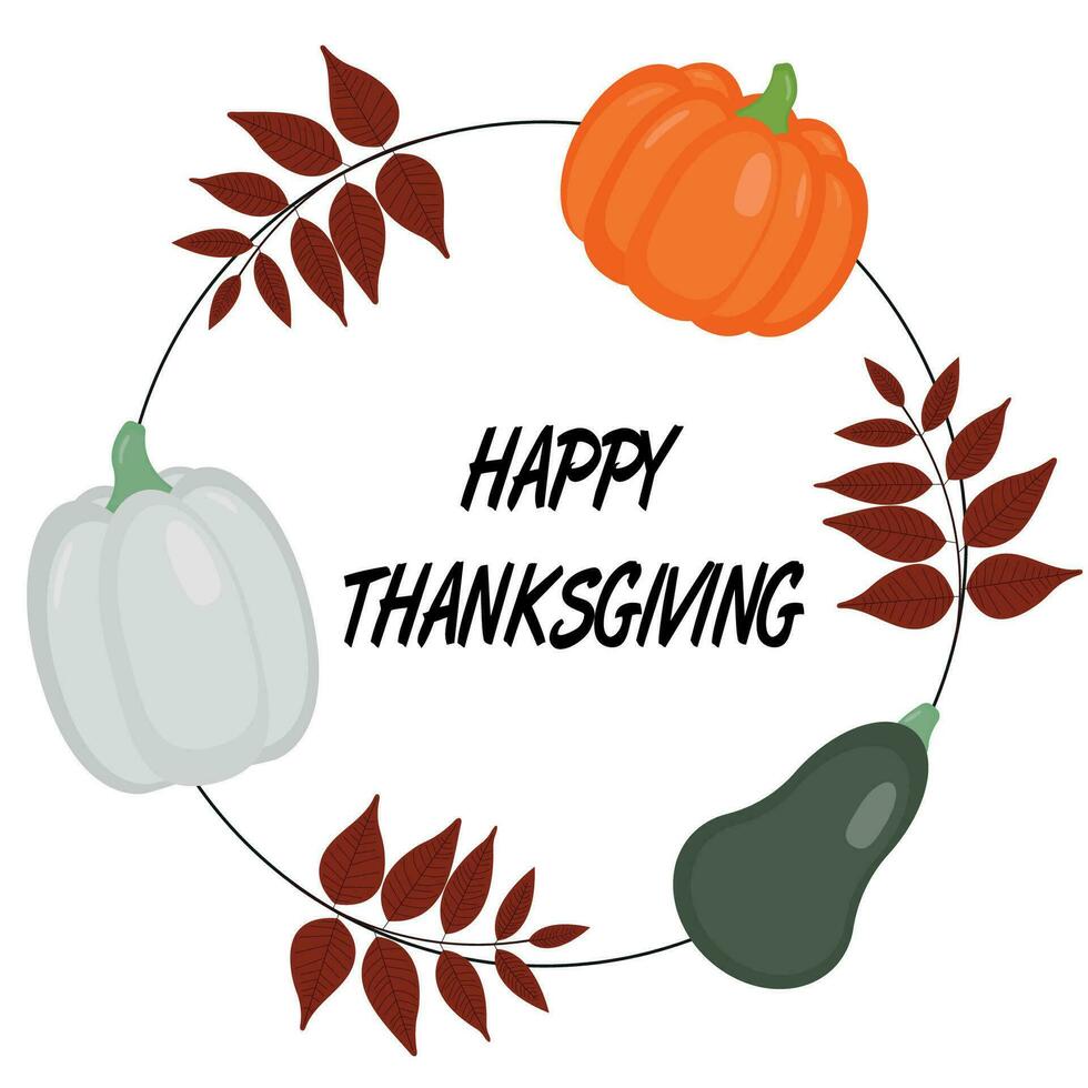 Thanksgiving greeting card with colorful pumpkins and autumn leaves. Flat vector illustration.