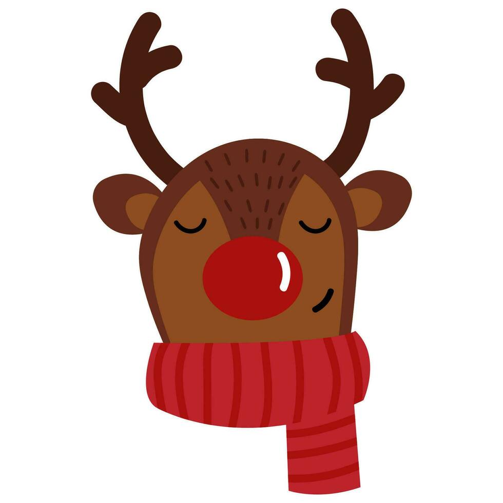 Cute cartoon style Christmas deer wearing a scarf. New Year celebration. Isolated on white. vector