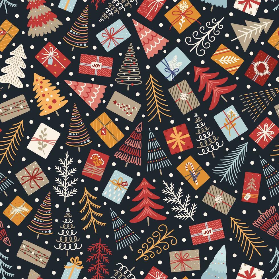 Seamless pattern with Christmas trees, gifts and snow vector
