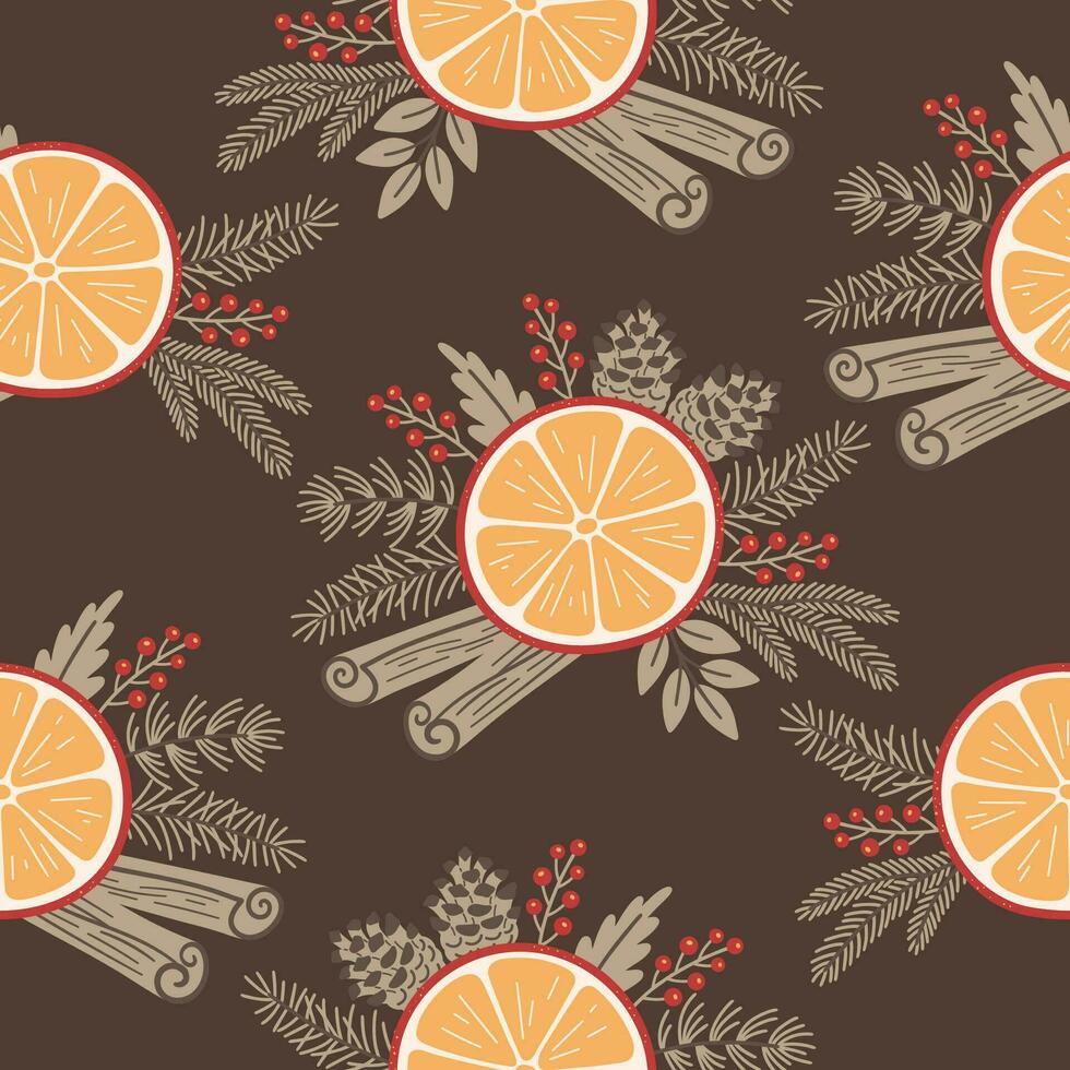 Seamless pattern with orange slices, cinnamon, and fir branches vector