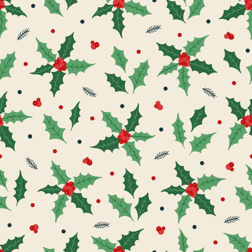 Christmas seamless pattern with berries, holly leaves, fir branches. Winter vector illustration.