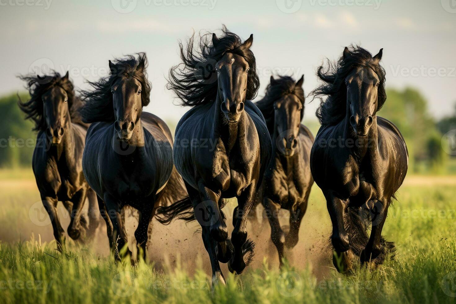 Herd of Friesian black horses galloping in the grass photo