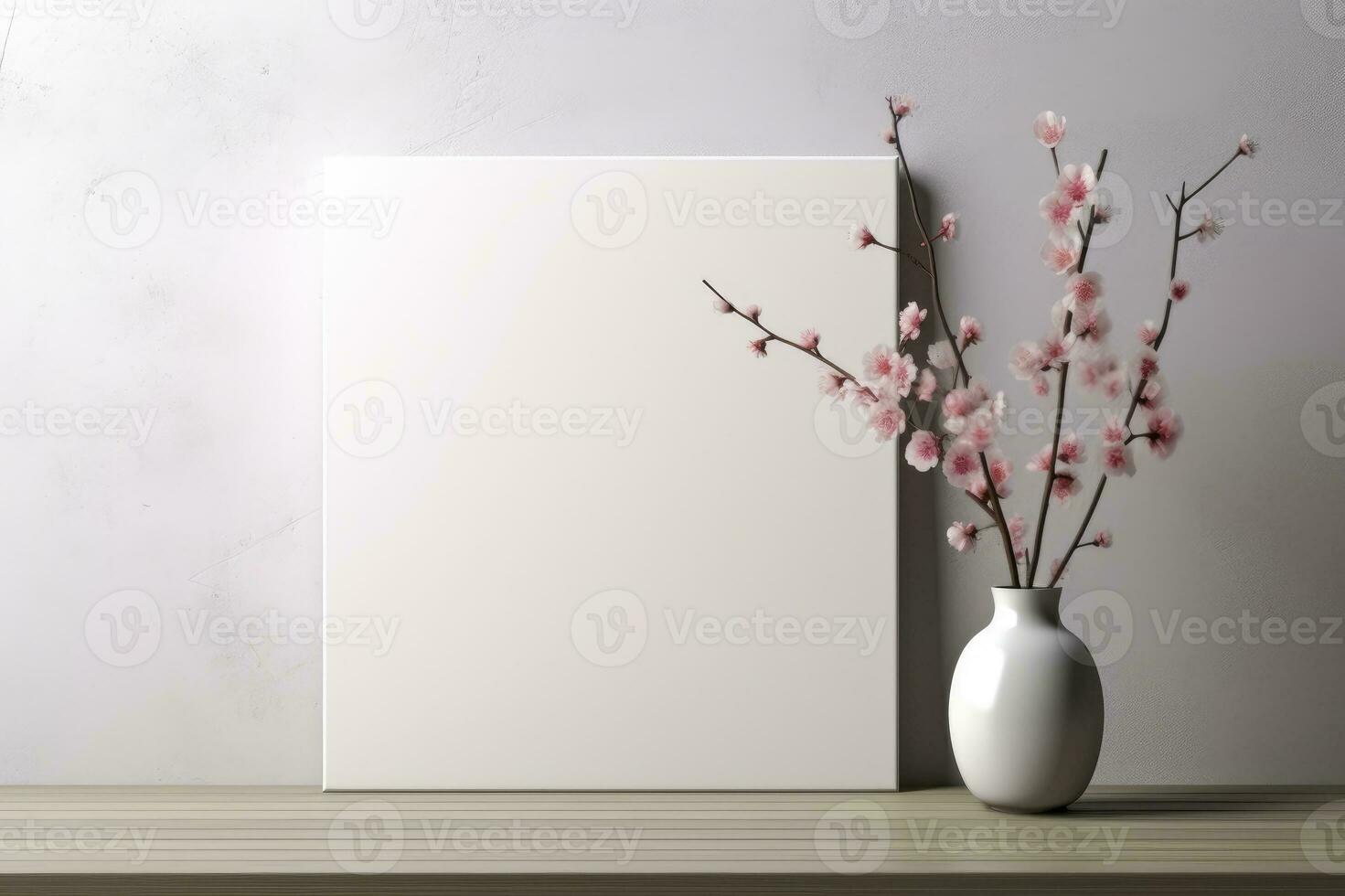 Blank picture frame mockup on wall in modern interior. Artwork template mock up in interior design with trendy vase, digital ai. photo