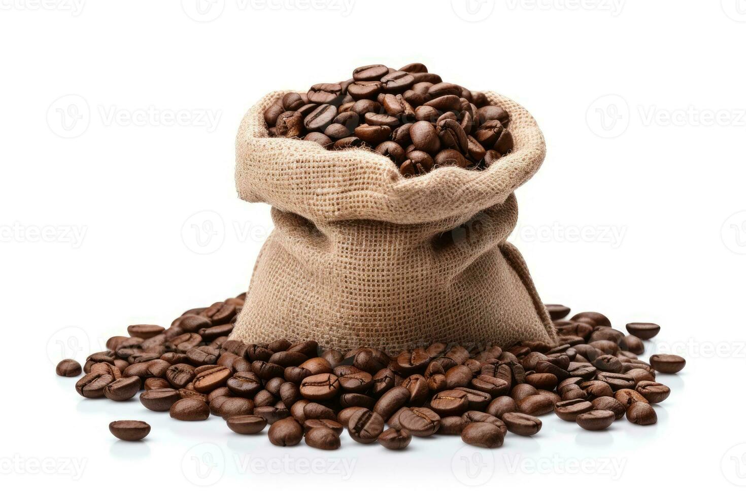 Coffee beans in a jute sack isolated on white background. photo