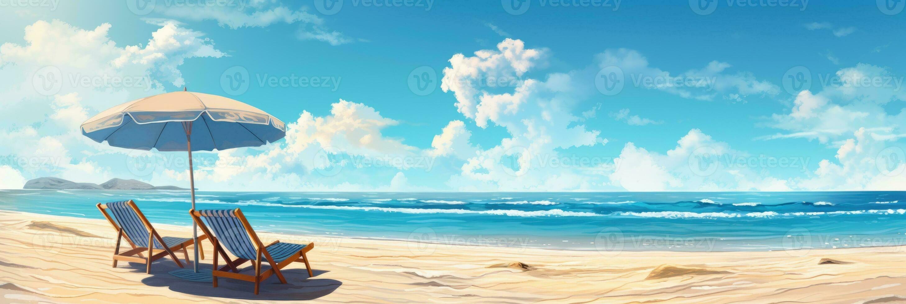 Beach chairs and umbrella on a white sandy beach. Generative AI photo