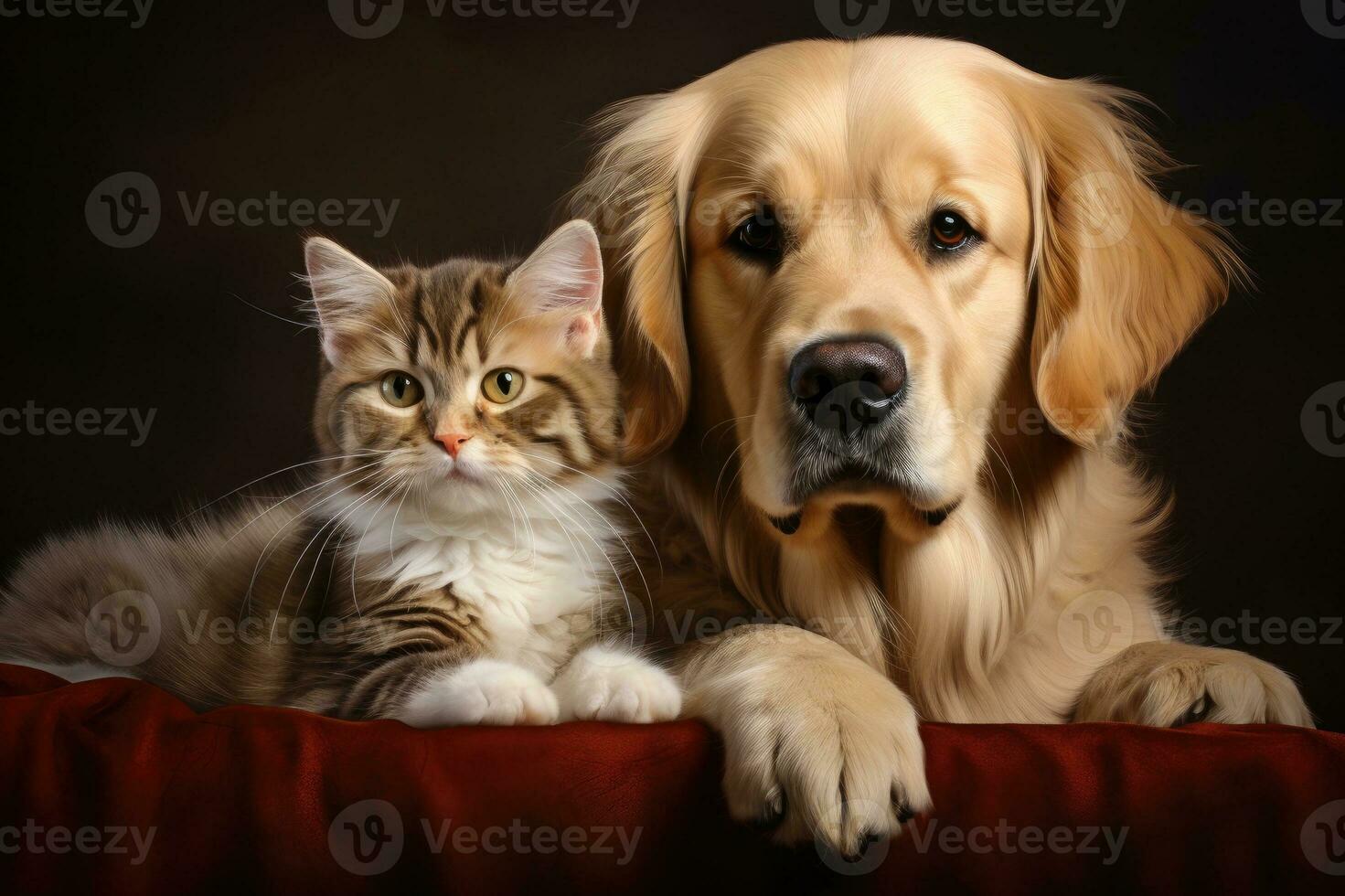 Retriever dog with a cat. Beautiful lovely pets. Generative AI photo