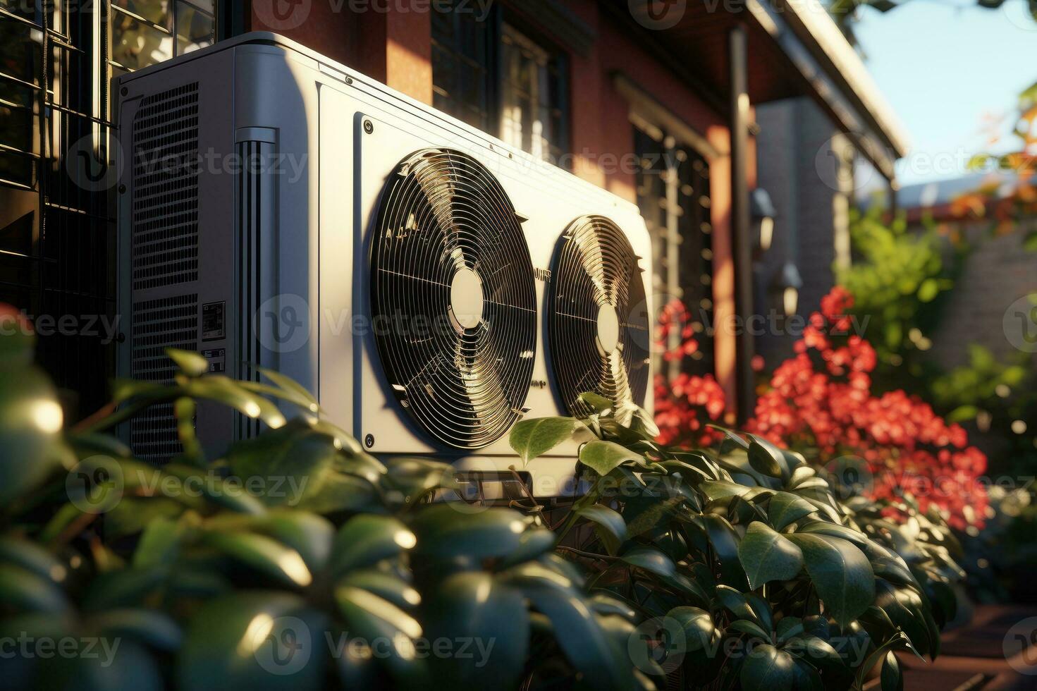 Air source heat pump installed in residential building. Generative AI photo