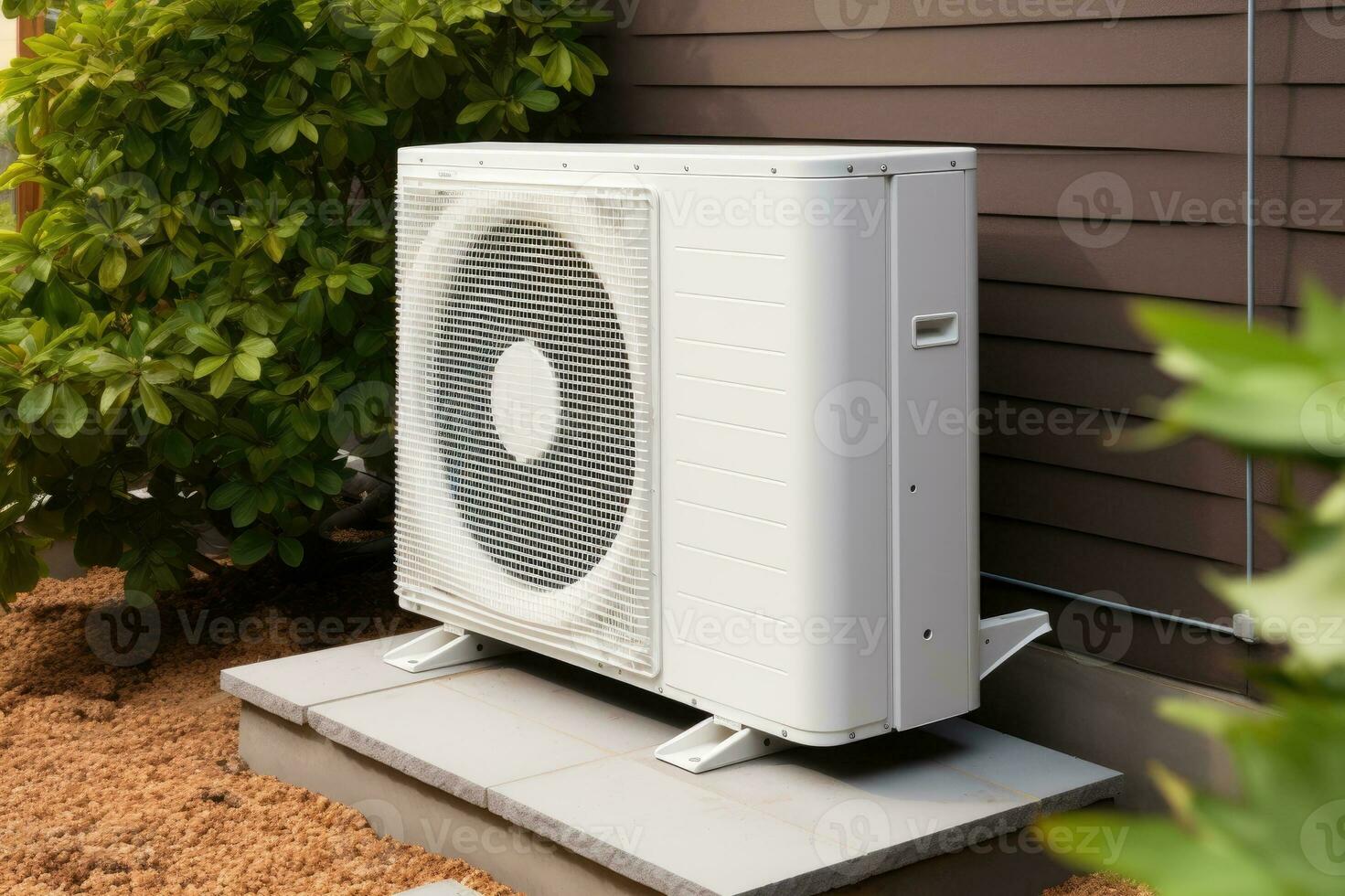 Air source heat pump installed in residential building. Generative AI photo