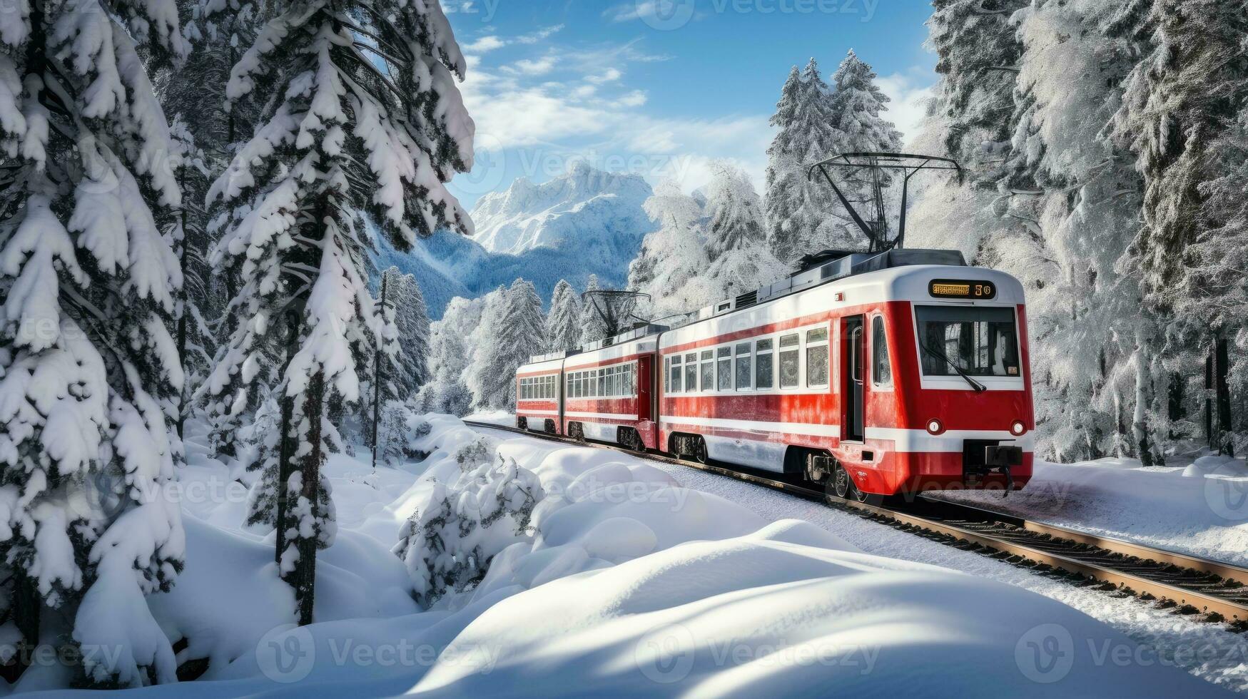 bernina Rápido pasa mediante el Nevado bosque, Suiza. generativo ai foto