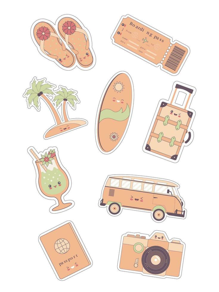 Travel stickers. Set of travelling stickers in style kawaii. Collection include flip flops, passport, cocktail, ticket, surfboard, bus, camera, palm tree, suitcase. vector