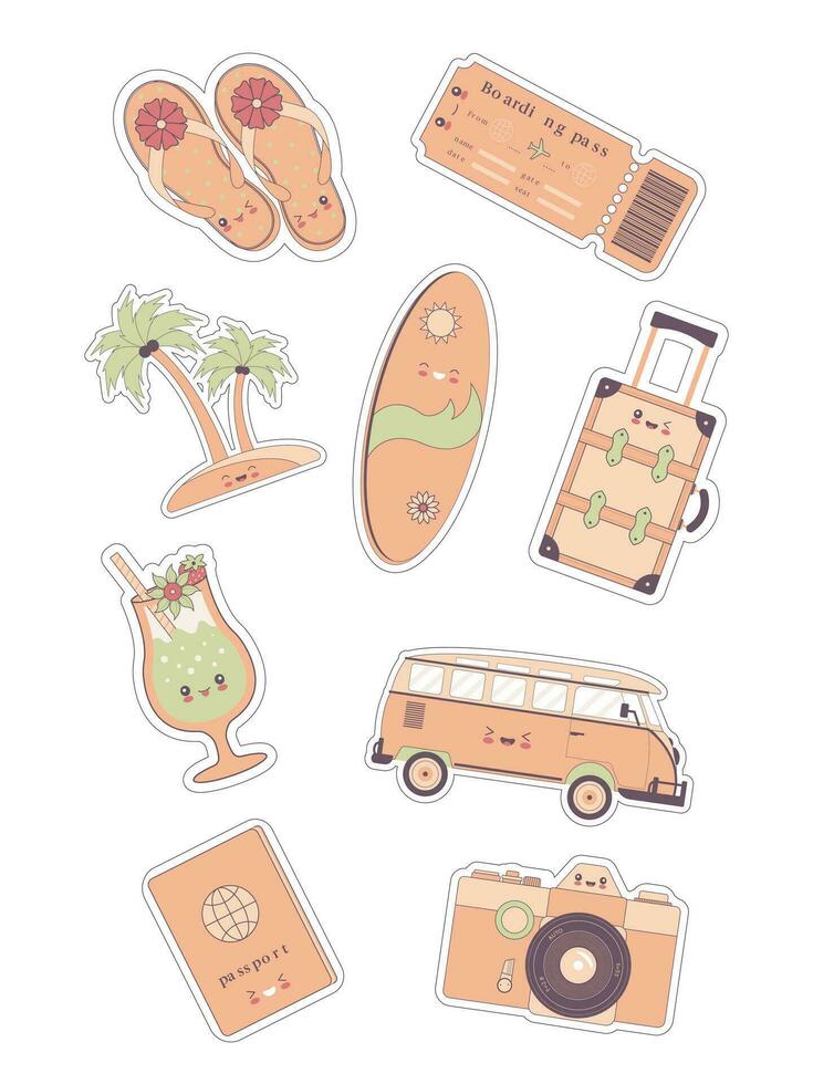 viaje pegatinas conjunto de de viaje pegatinas en estilo kawaii colección incluir dar la vuelta fracasos, pasaporte, cóctel, boleto, tabla de surf, autobús, cámara, palma árbol, maleta. vector