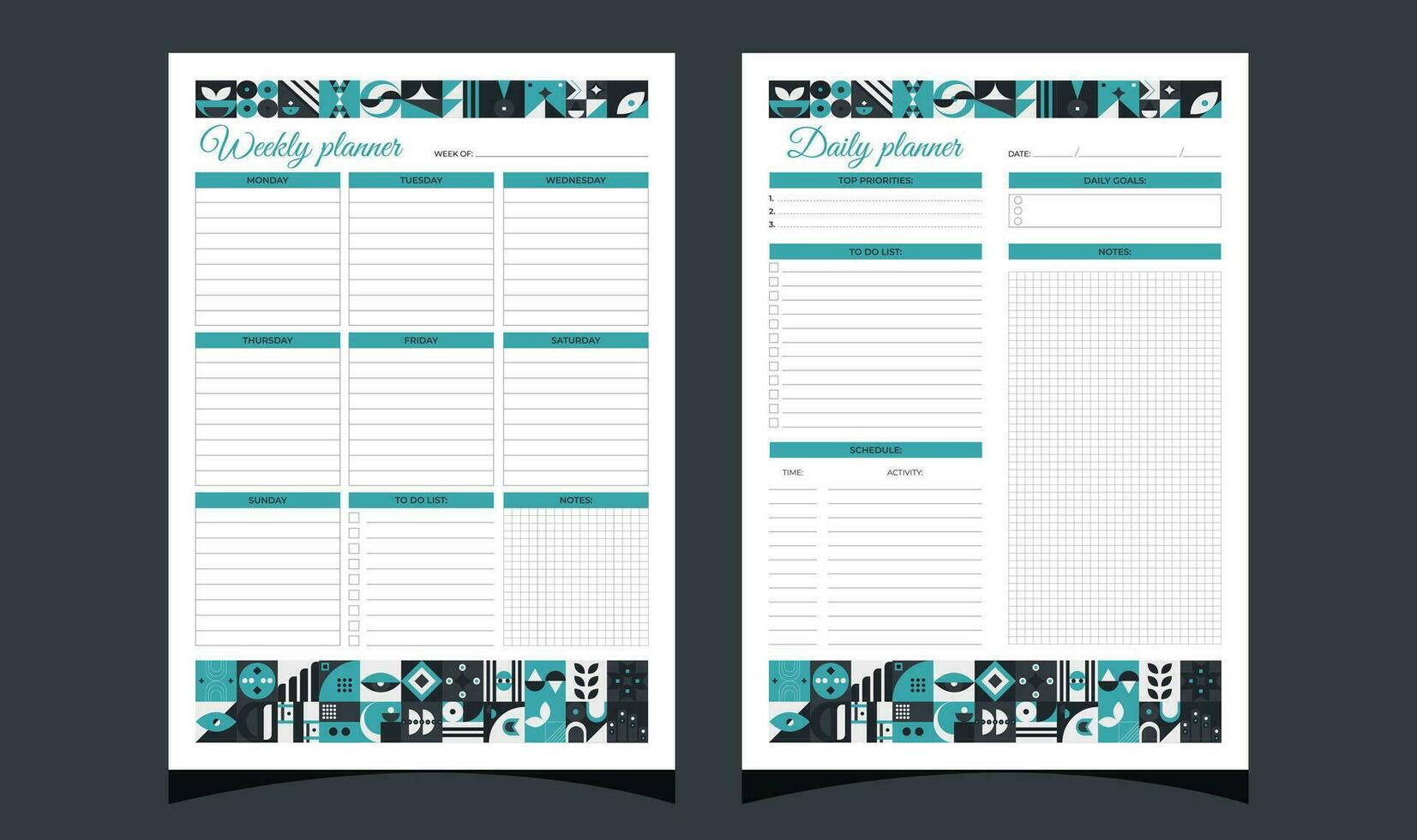 Planners set geometry. Weekly and daily planners.  Planners printable template with geometric shapes. Blank white notebook page A4. vector