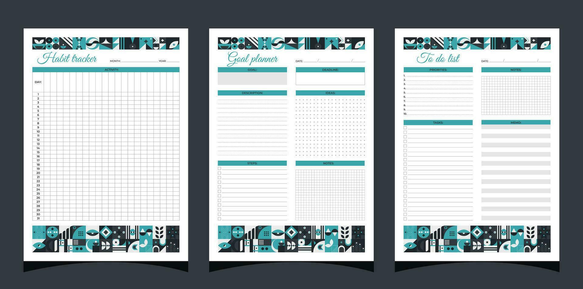 Planners set geometry. Habbit tracker, to do list and goal planners. Planners printable template with geometric shapes. Blank white notebook page A4. Vector illustration.