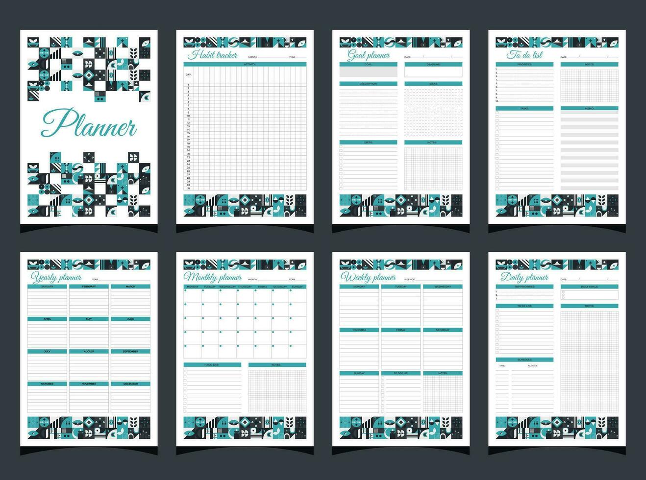 Planners set geometry. Daily, weekly, monthly, yearly, habbit tracker, to do list, goal planners and cover. Planners printable template with geometric shapes. Blank white notebook page A4. vector