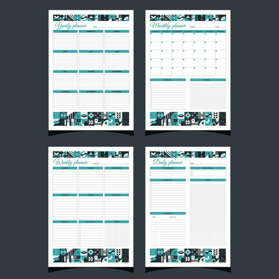 Planners set geometry. Daily, weekly, monthly, yearly. Planners printable template with geometric shapes. Blank white notebook page A4. Vector illustration.