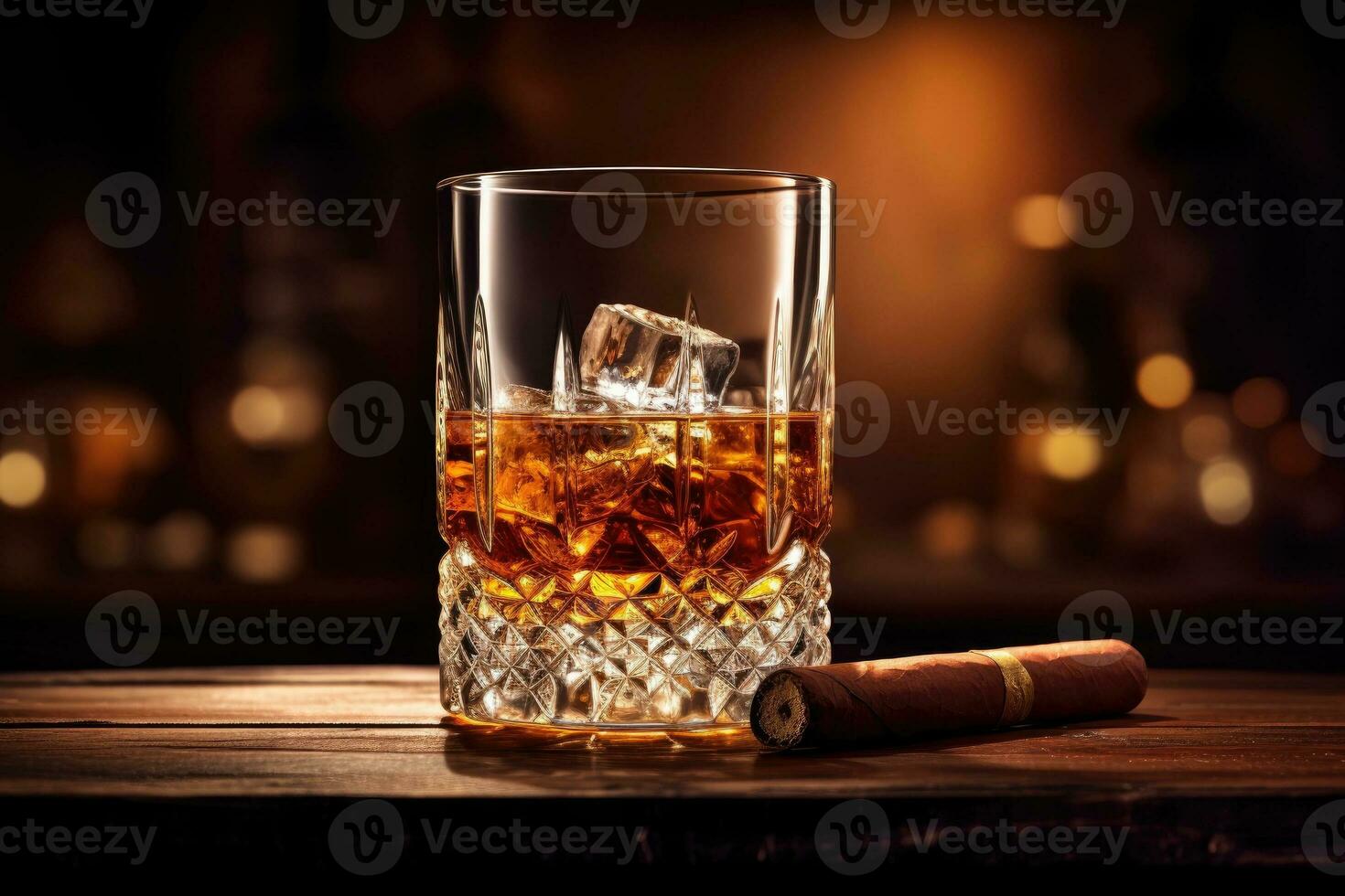 whisky vaso y cigarro en de madera mesa foto