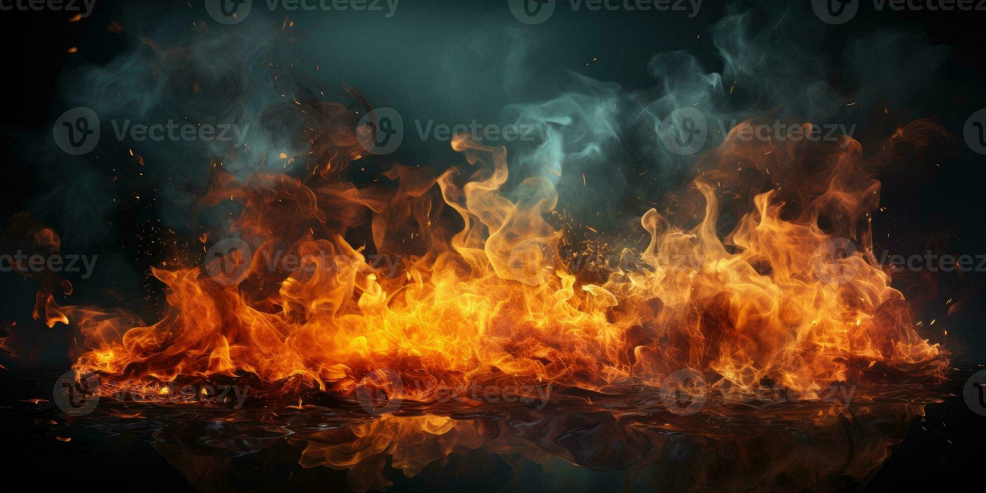 Fire flames and smoke on black background. Generative AI photo