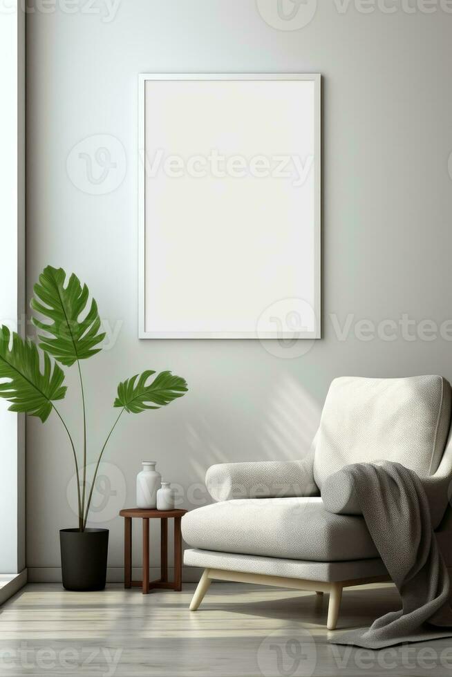 Mock up poster in interior background, Scandinavian style, digital ai. photo