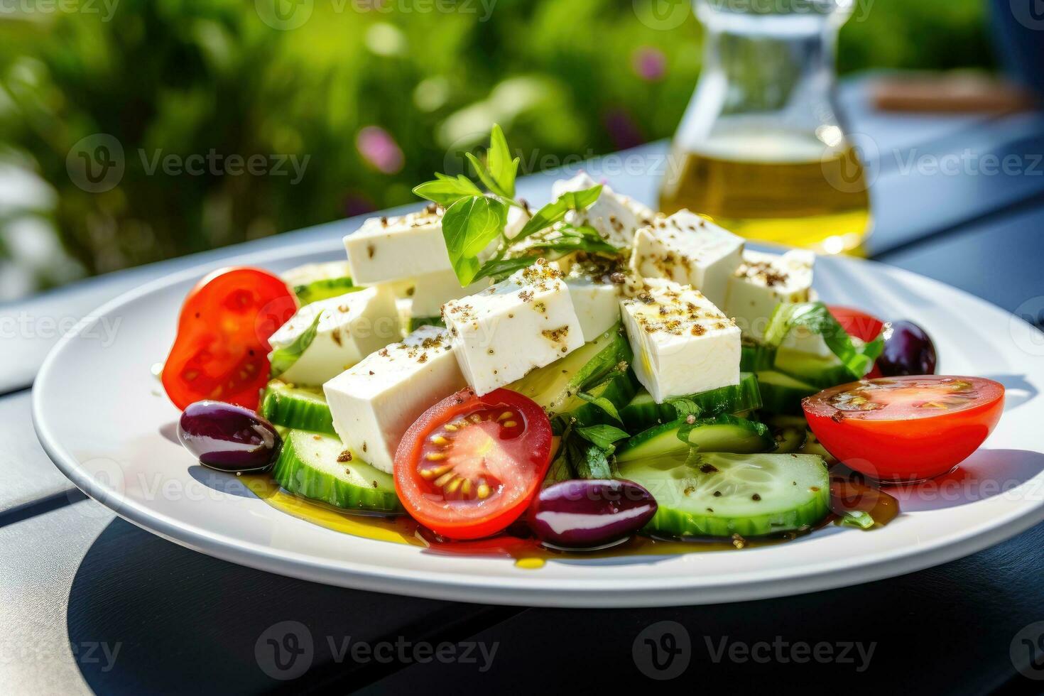 griego ensalada con queso feta queso y aceituna petróleo en lámina. griego sano comida foto