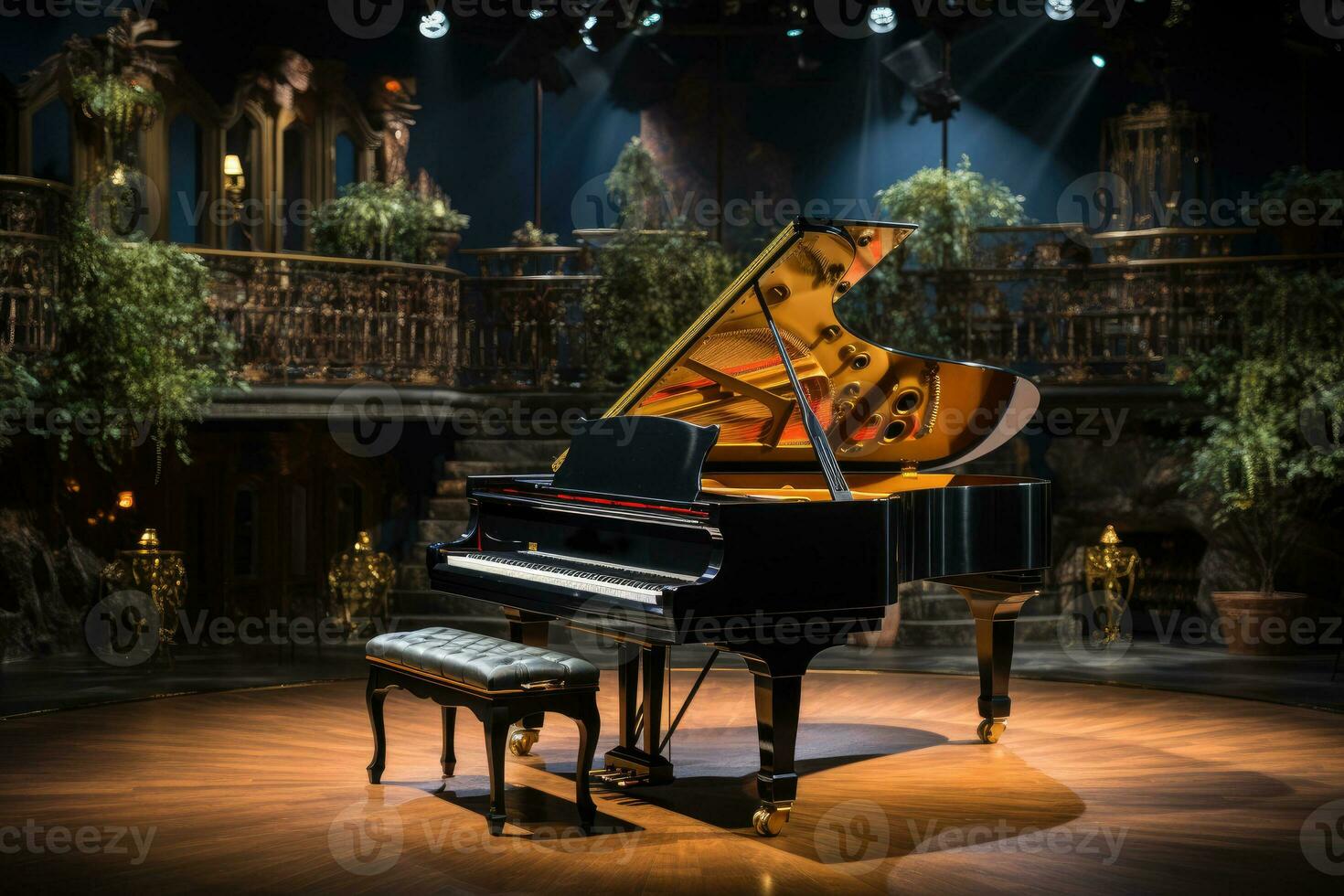 Piano in concert hall. Generative AI photo