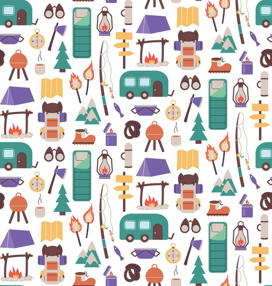 sin costura modelo con cosas para de viaje a el montañas. pescar y verano cámping. caminata con mochilas, descanso en el bosque. impresión objeto cosas diseño fondo de pantalla. antecedentes vector ilustración.