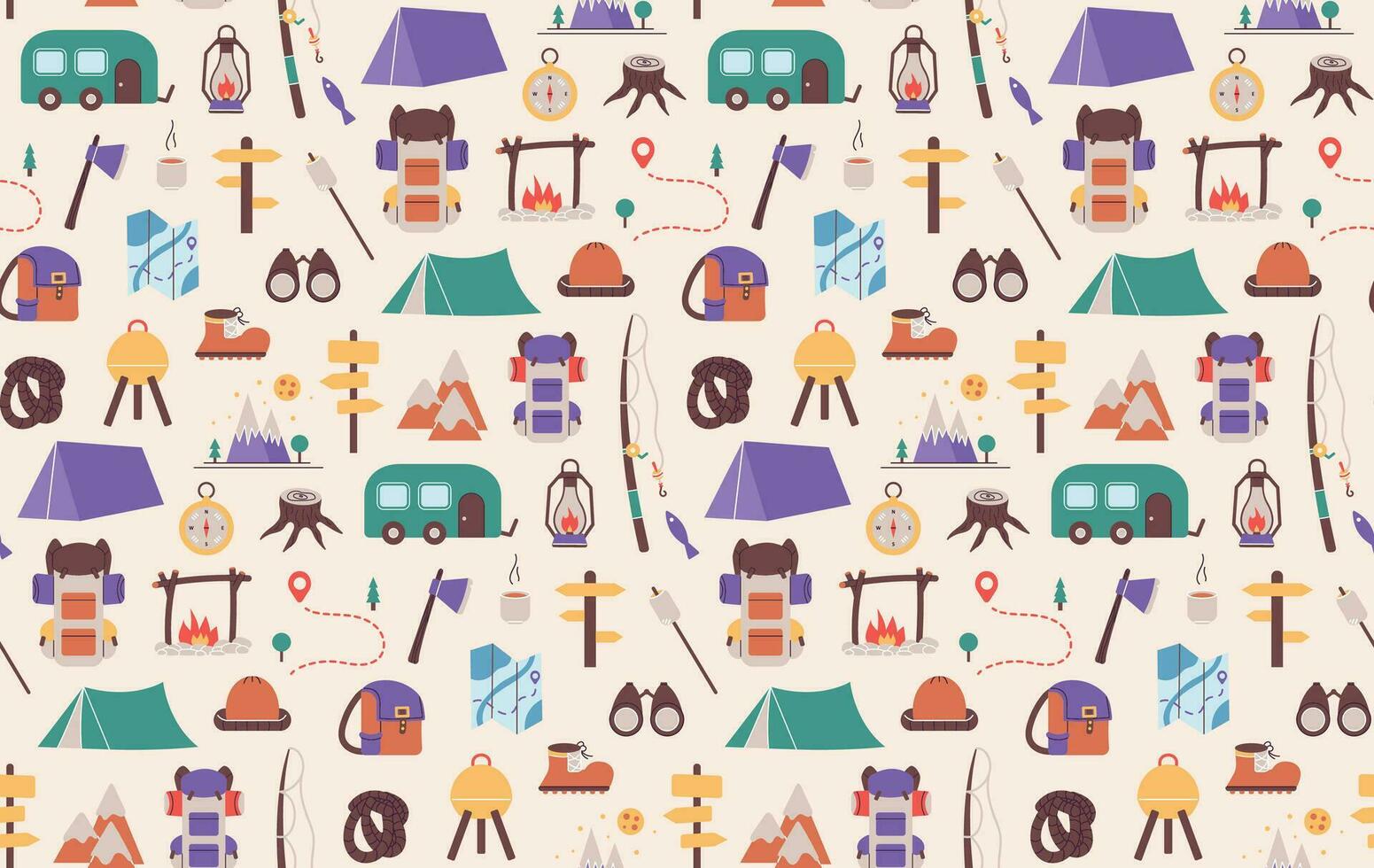 sin costura modelo con cosas para de viaje a el montañas. pescar y verano cámping. caminata con mochilas, descanso en el bosque. impresión objeto cosas diseño fondo de pantalla. antecedentes vector ilustración.