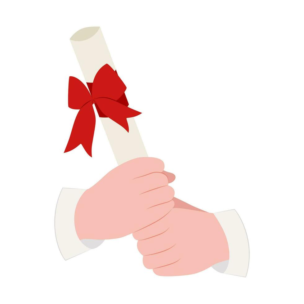 Hands hold a scroll tied with a red ribbon. Student, graduate. Vector illustration isolated on white background.