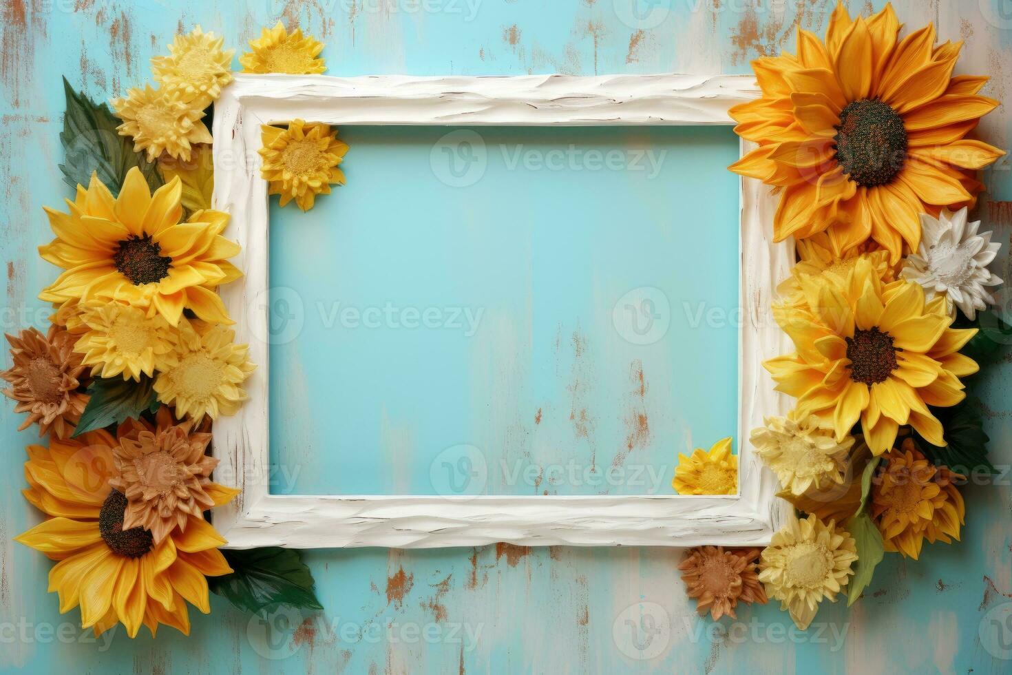 Picture frame lined with sunflowers photo