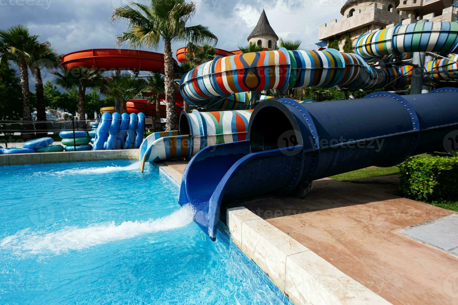 Water slides in a swimming pool at a luxury aquapark. photo