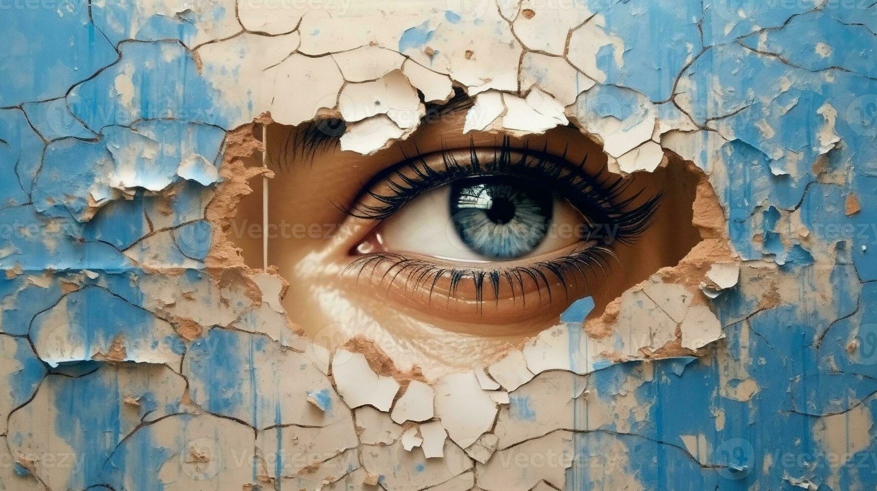 Generative AI, Woman eye looking through a torn hole in vintage paper, blue and beige colors mural. Painted hyperrealistic female art. photo