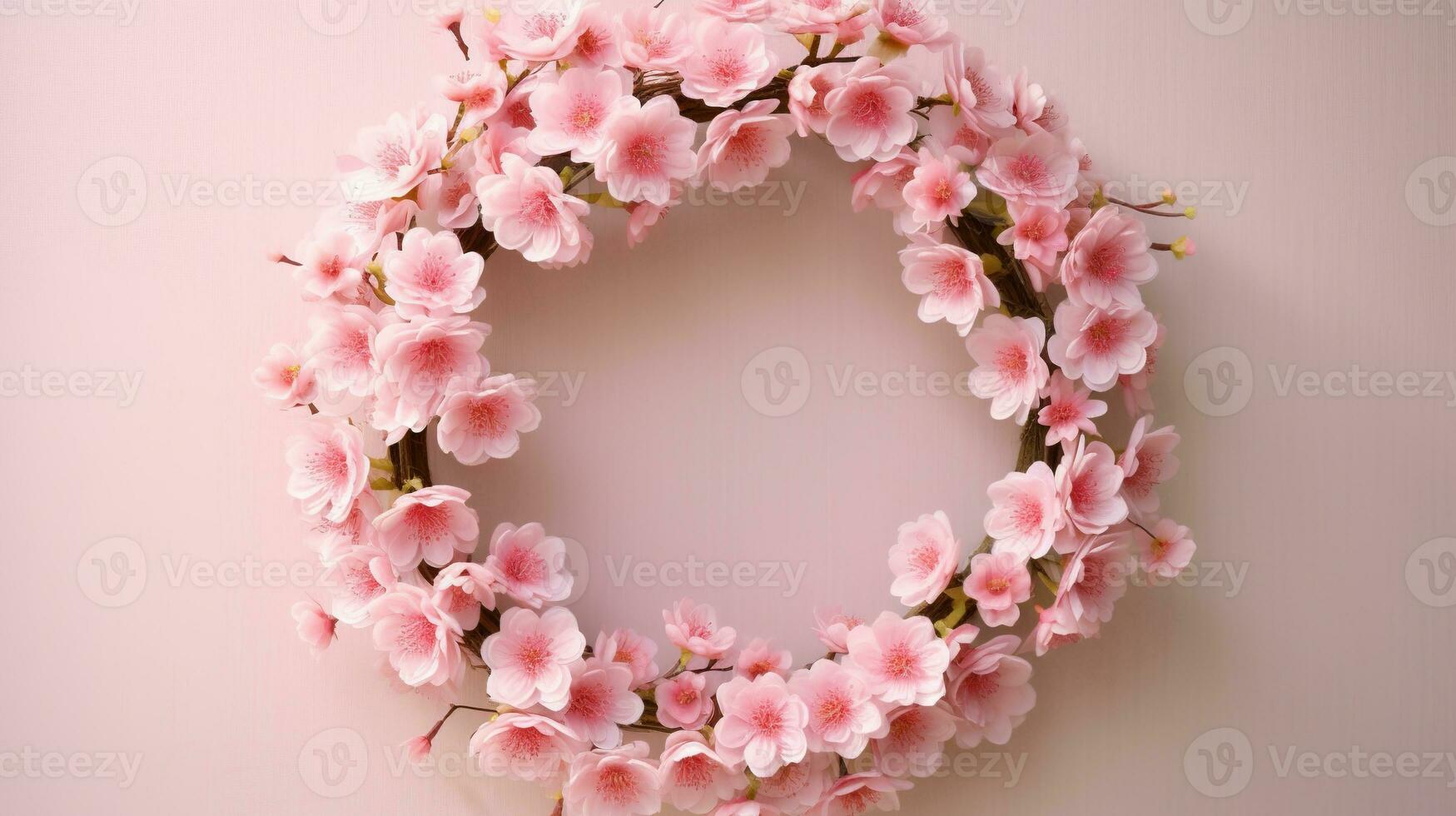 Generative AI, wreath of little light pink cherry sakura flowers with copy space, natural organic floral frame photo