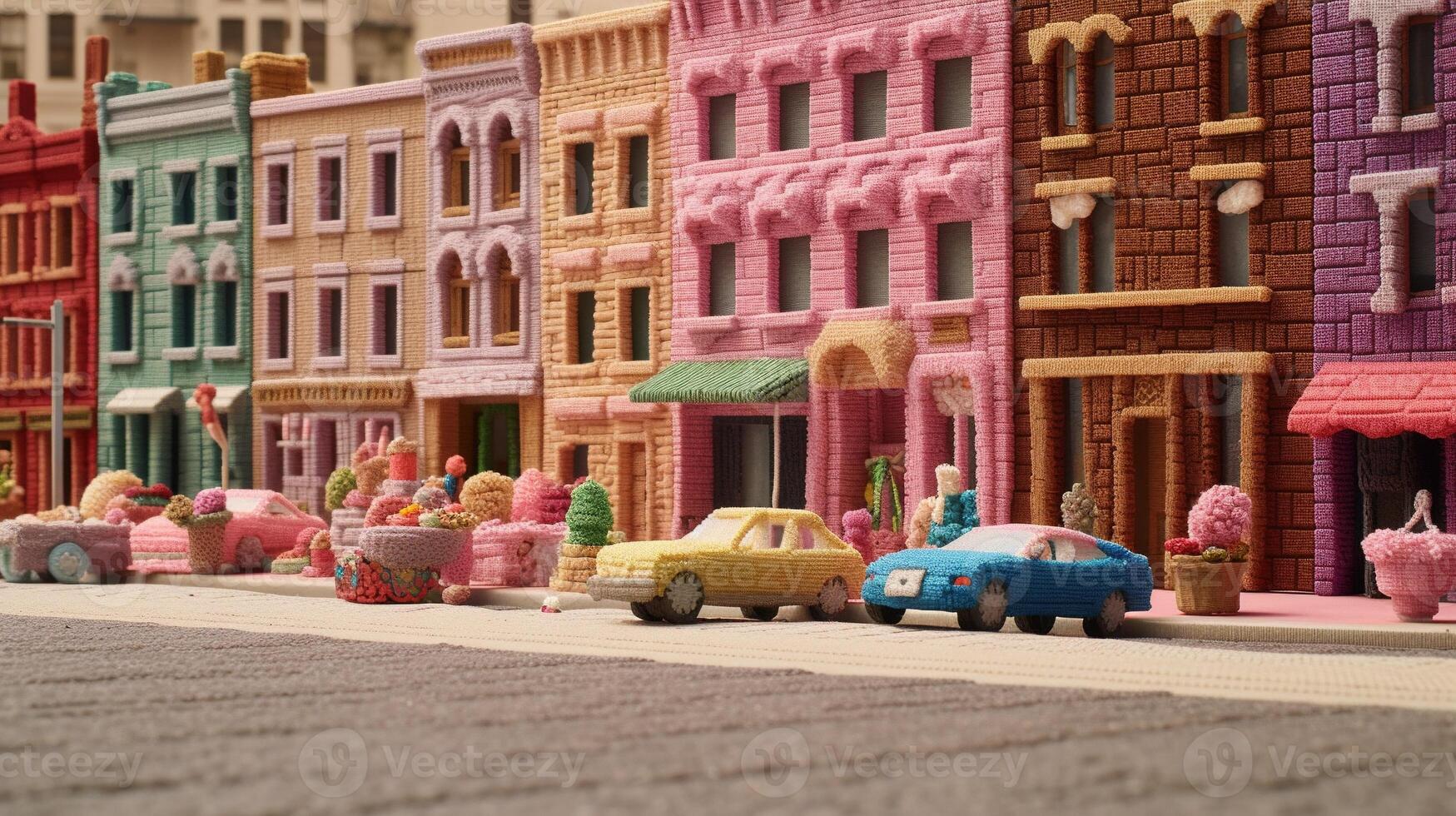 Generative AI, cute street made of crochet, houses, trees, road, cars. Soft colors, dreamy scene cityscape made of crochet materials, wool, fabric, yarn, sewing for background photo