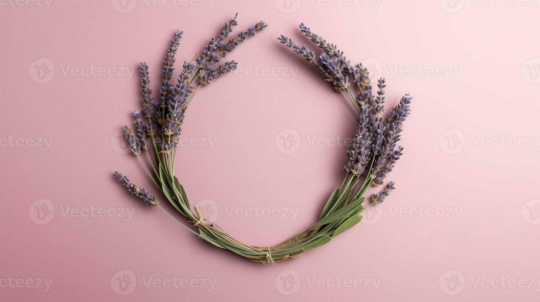 Generative AI, wreath of lavender branches flowers with copy space, natural organic floral frame violet background photo