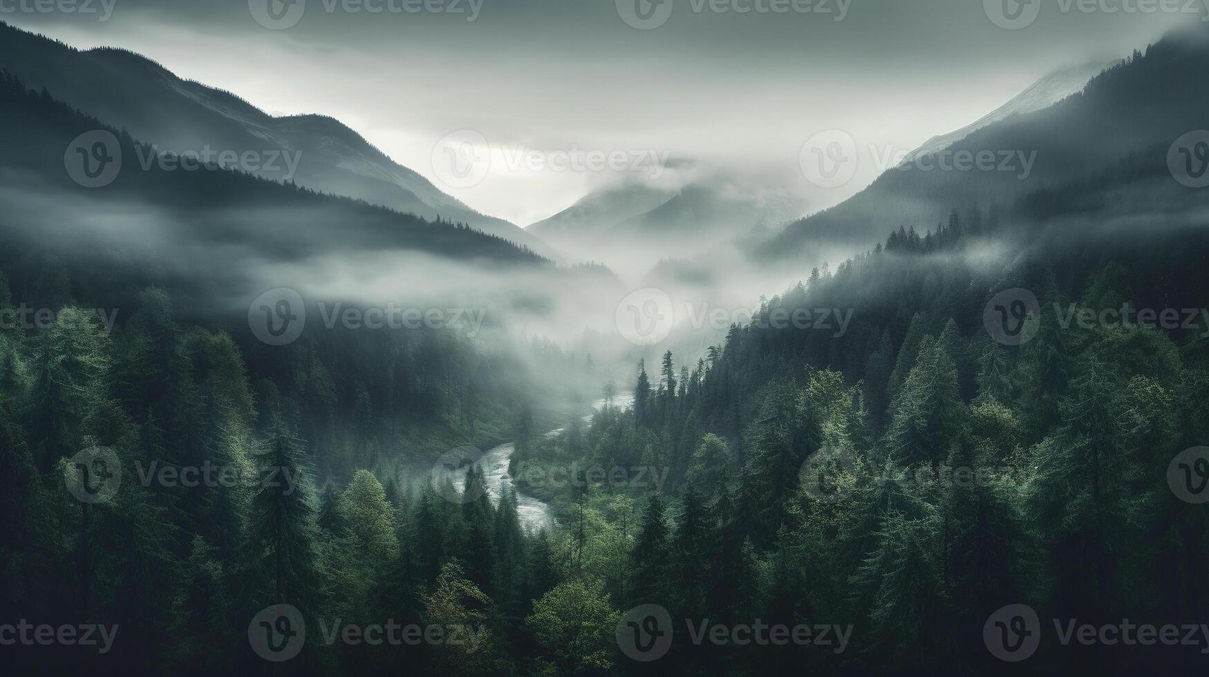 , Misty fir forest beautiful landscape in hipster vintage retro style, foggy mountains and trees photo
