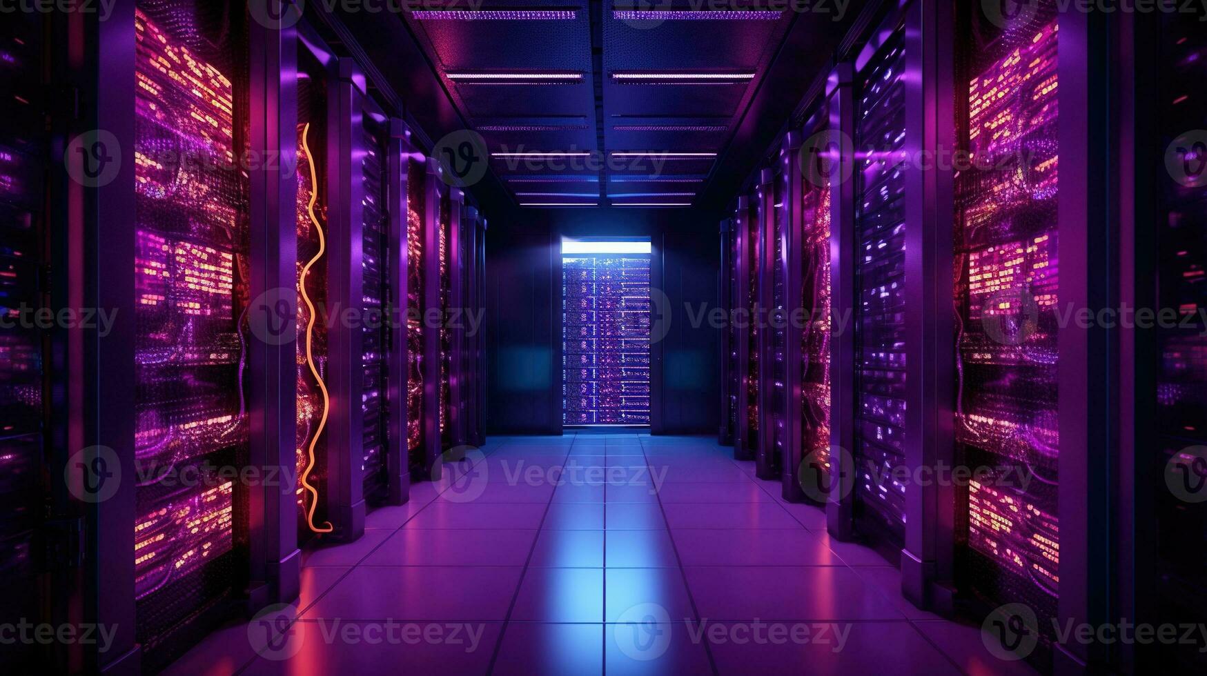 Generative AI, Data Center, modern high technology server room in purple neon colors. Modern telecommunications, cloud computing, artificial intelligence, database. photo