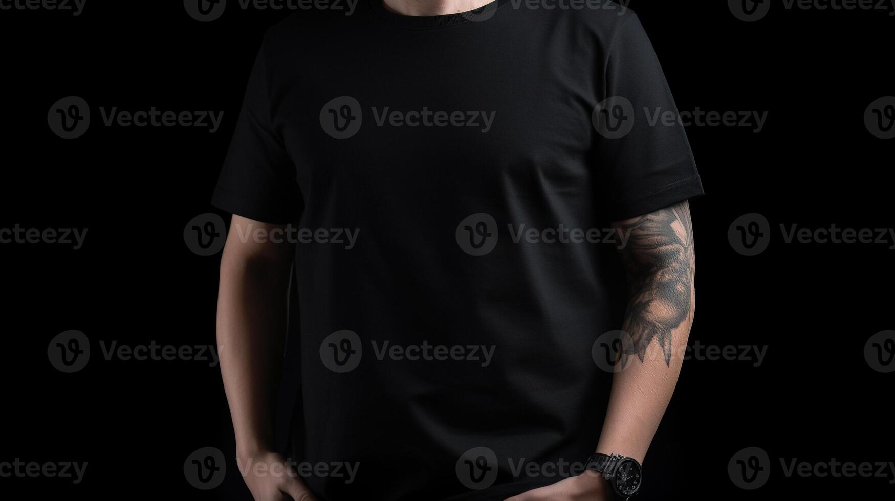 Generative AI, Realistic black T-Shirt mock up blank put on young man, copyspace for presentation advertising. Blank business concept photo