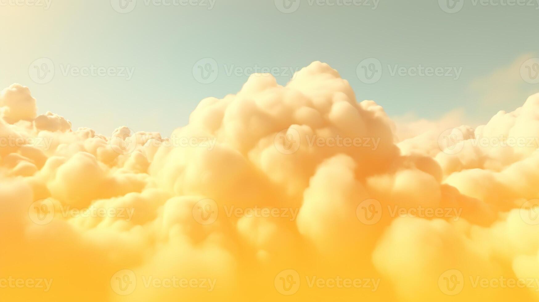 Generative AI, Light yellow fantastic 3d clouds on the floor, sky and landscape. Gentle colors and with bright lights. photo