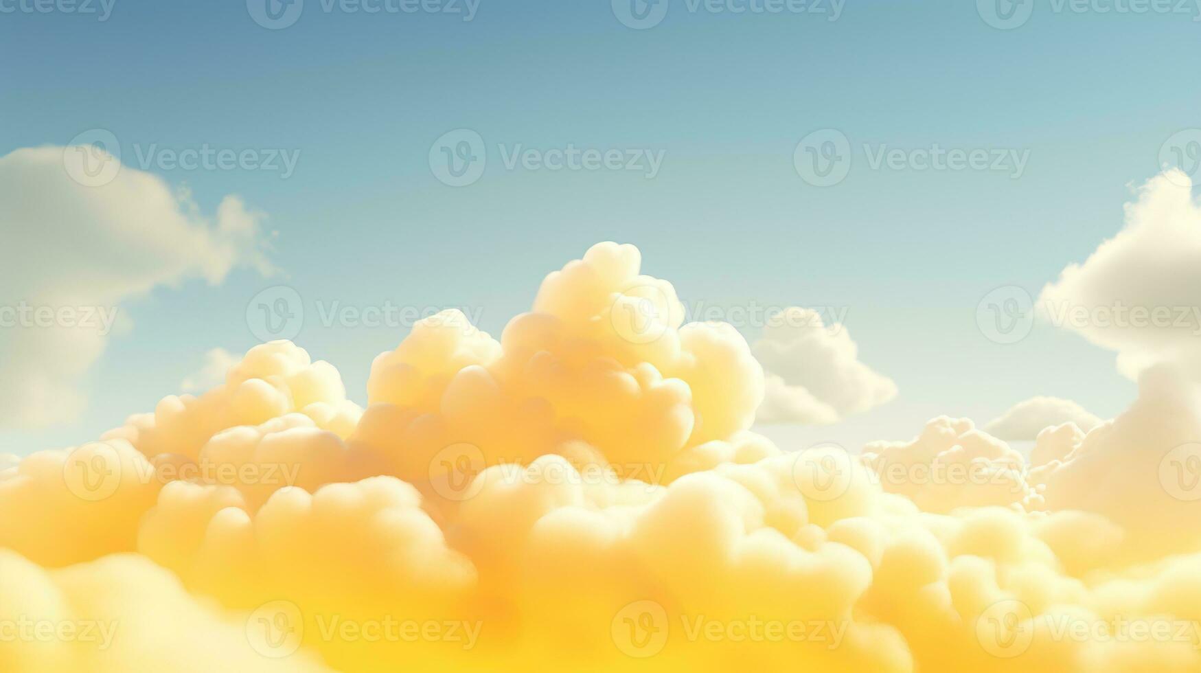 Generative AI, Light yellow fantastic 3d clouds on the floor, sky and landscape. Gentle colors and with bright lights. photo