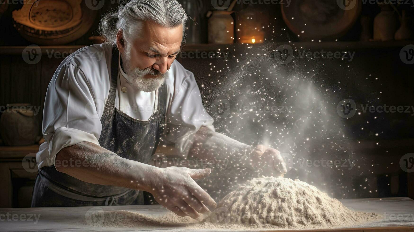 Generative AI, Old man hands of baker in restaurant or home kitchen, prepares ecologically natural pastries. photo