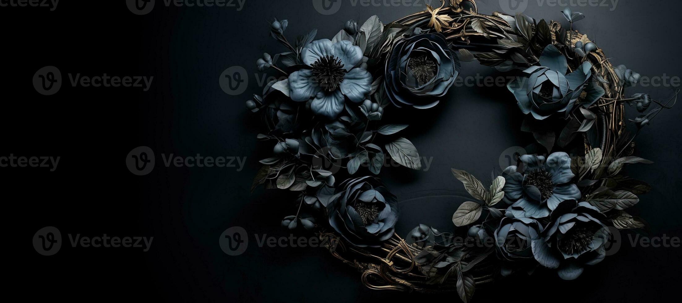 Generative AI, Close up wreath, blooming flowerbeds of amazing black flowers on dark moody floral textured background. photo